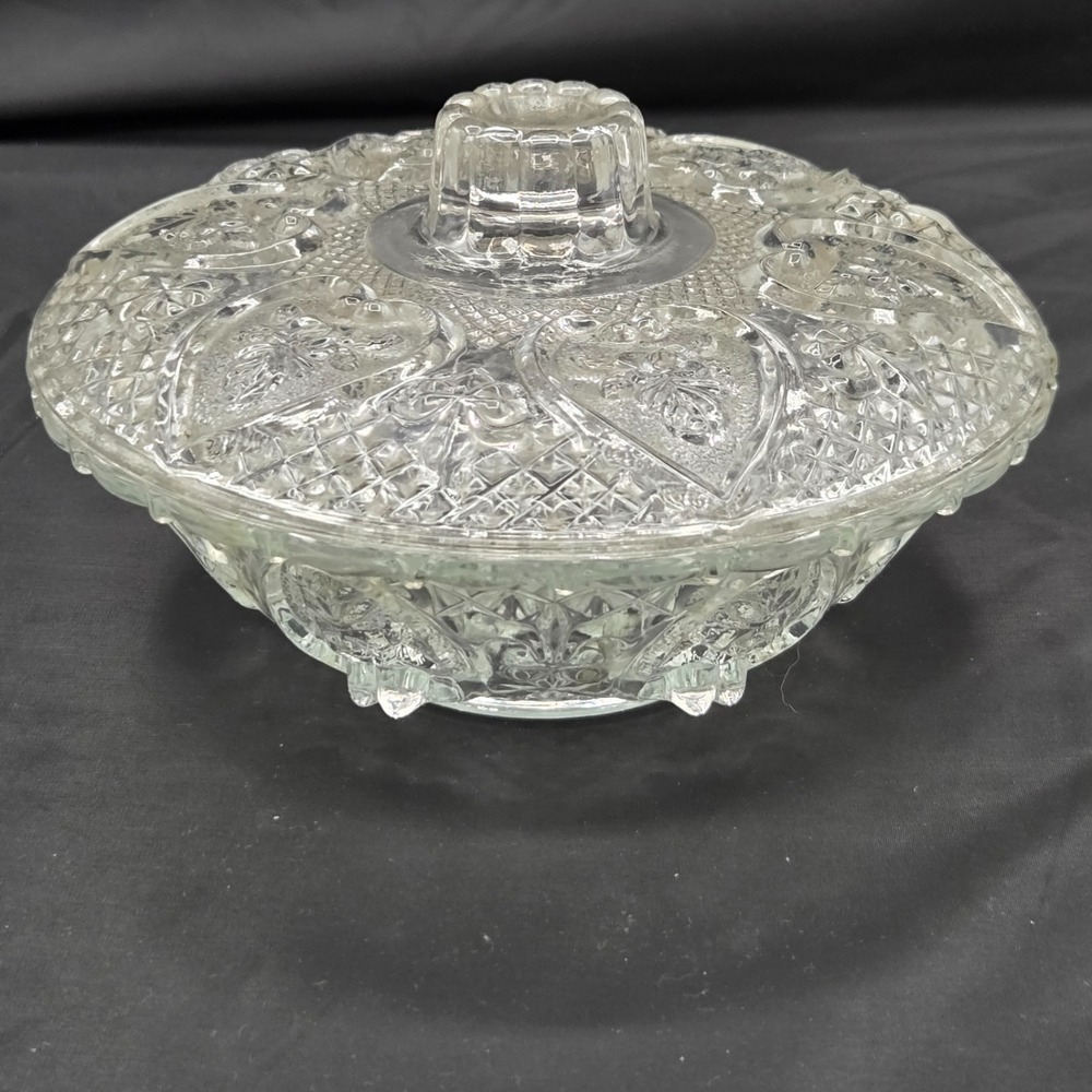 KIG‎ Malaysia Glass Footed Candy Dish Heart & Rose Pattern VINTAGE